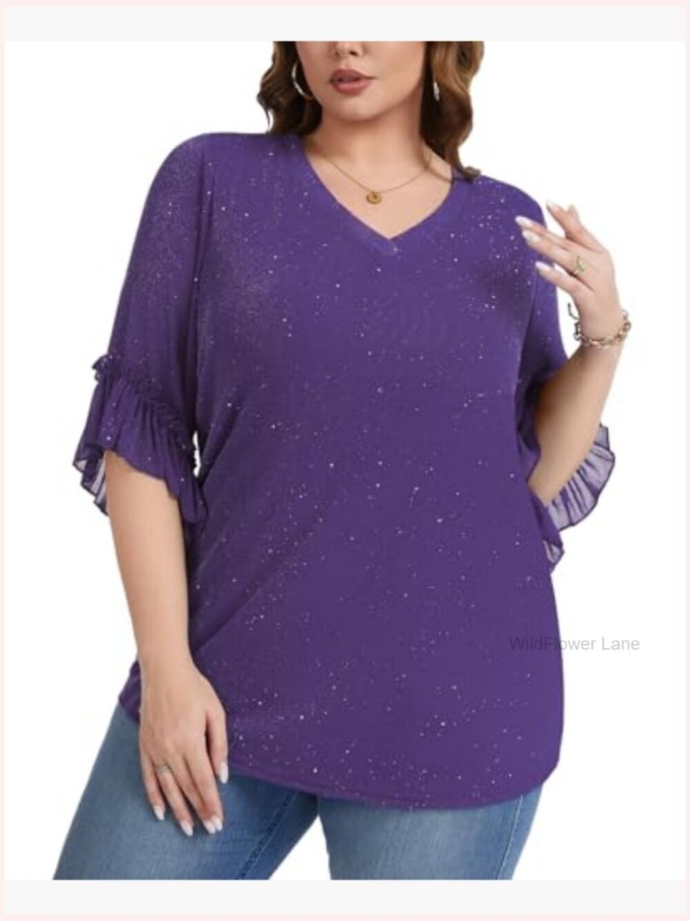 Plus Size Sequin Mesh V Neck Top Ruffled 3/4 Sleeve Blouse Party - Picture 4 of 7